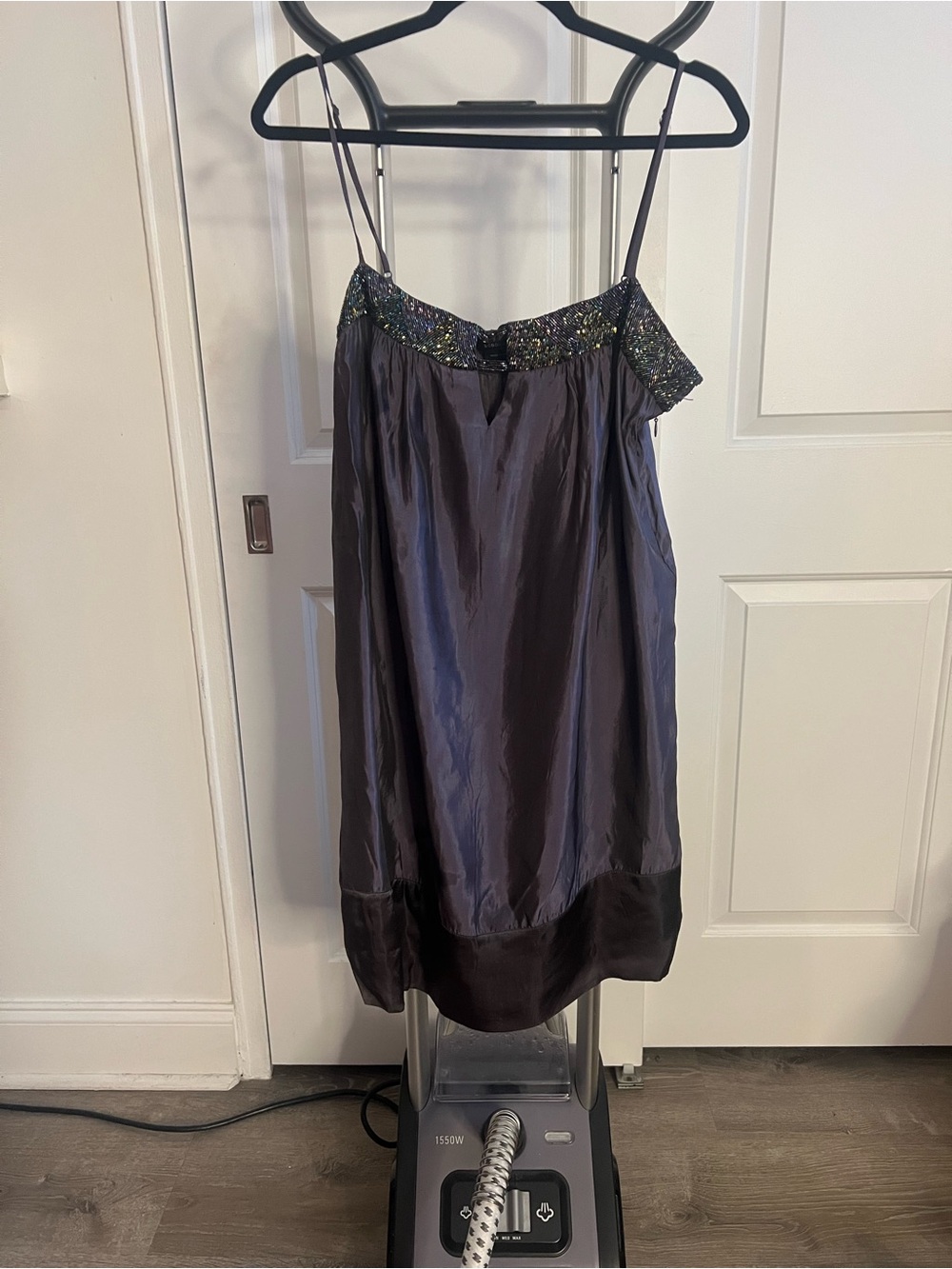 BCBGMaxAzria Charcoal Satin Slip Dress with Beaded Trim